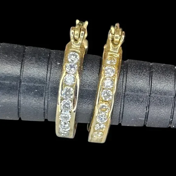 Hoop Earrings Gold Plated Sterling Silver Cubic Zirconia Pierced Round Almost 1